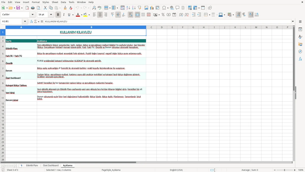 Ekran görüntüsü 3: Açıklama sekmesi - Excel şablonu etkinlik planlama excel şablonu