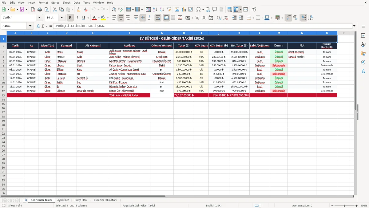 Ekran görüntüsü 1: Gelir-Gider Takibi sekmesi - Excel şablonu ev bütçesi excel şablonu