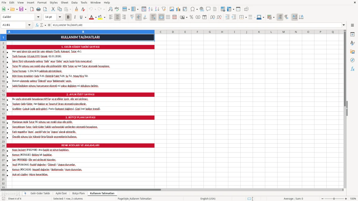 Ekran görüntüsü 4: Kullanım Talimatları sekmesi - Excel şablonu ev bütçesi excel şablonu