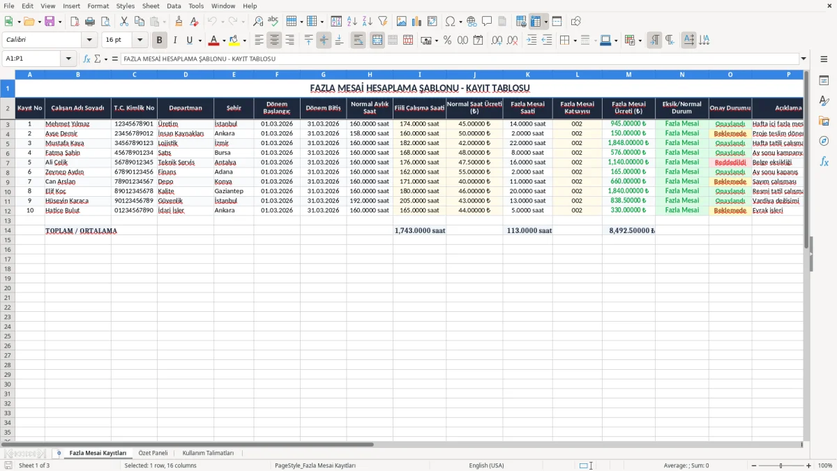 Ekran görüntüsü 1: Fazla Mesai Kayıtları sekmesi - Excel şablonu fazla mesai hesaplama excel şablonu