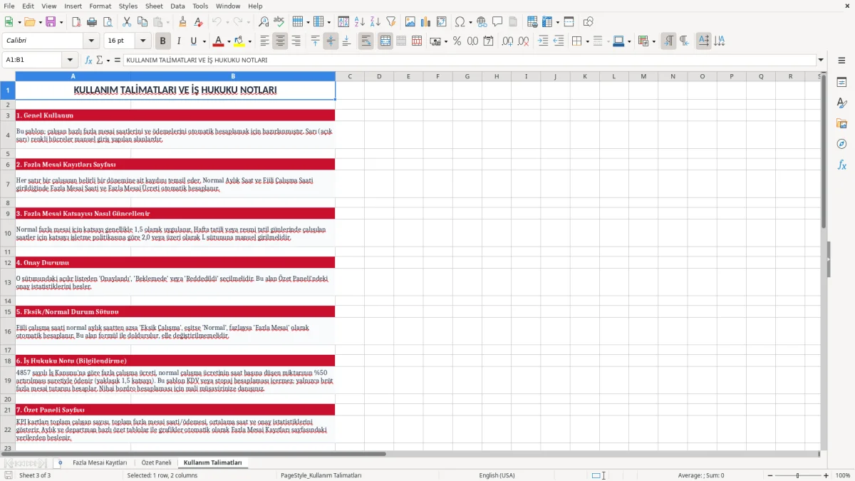 Ekran görüntüsü 3: Kullanım Talimatları sekmesi - Excel şablonu fazla mesai hesaplama excel şablonu