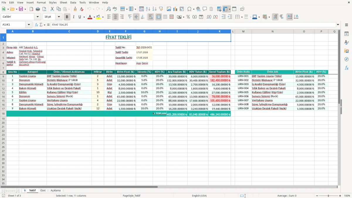 Ekran görüntüsü 1: Teklif sekmesi - Excel şablonu fiyat teklifi excel şablonu