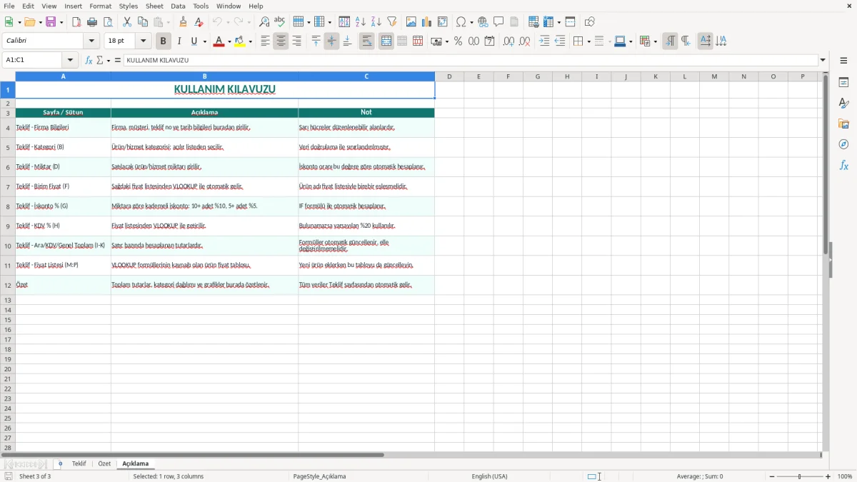Ekran görüntüsü 3: Açıklama sekmesi - Excel şablonu fiyat teklifi excel şablonu