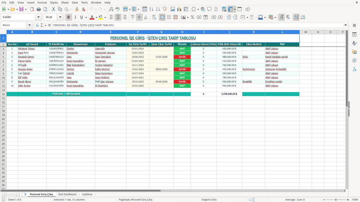 Ekran görüntüsü 1: Personel Giriş-Çıkış sekmesi - Excel şablonu işe giriş çıkış excel şablonu
