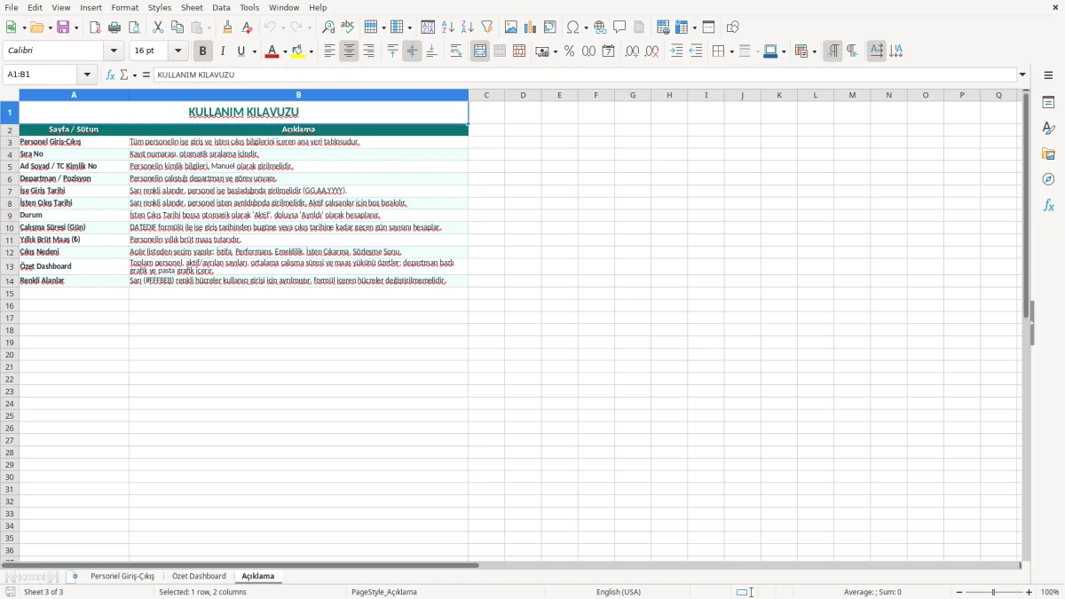 Ekran görüntüsü 3: Açıklama sekmesi - Excel şablonu işe giriş çıkış excel şablonu