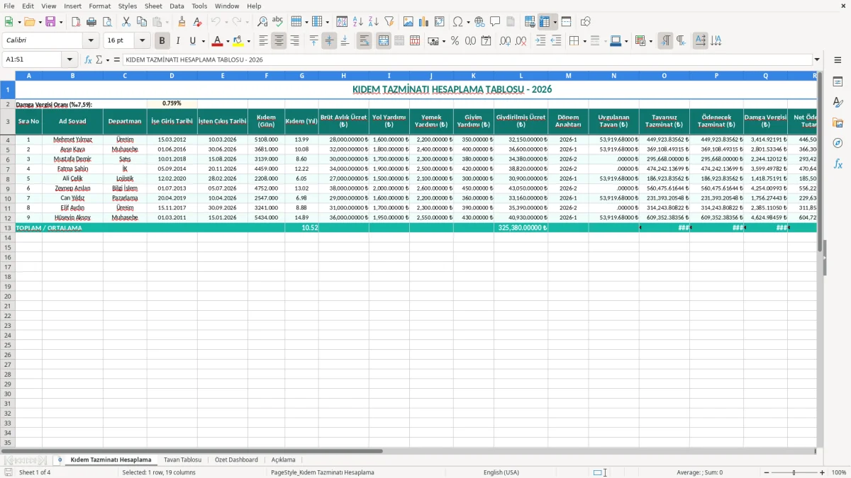 Ekran görüntüsü 1: Kıdem Tazminatı Hesaplama sekmesi - Excel şablonu kıdem tazminatı hesaplama excel