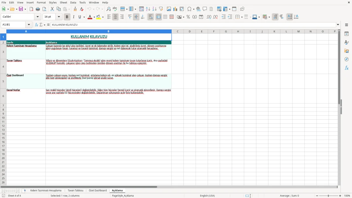 Ekran görüntüsü 4: Açıklama sekmesi - Excel şablonu kıdem tazminatı hesaplama excel