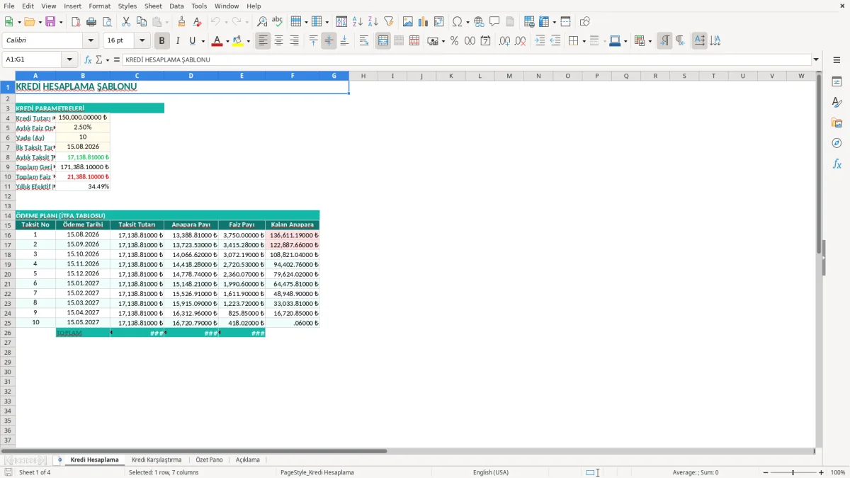 Ekran görüntüsü 1: Kredi Hesaplama sekmesi - Excel şablonu kredi hesaplama excel şablonu