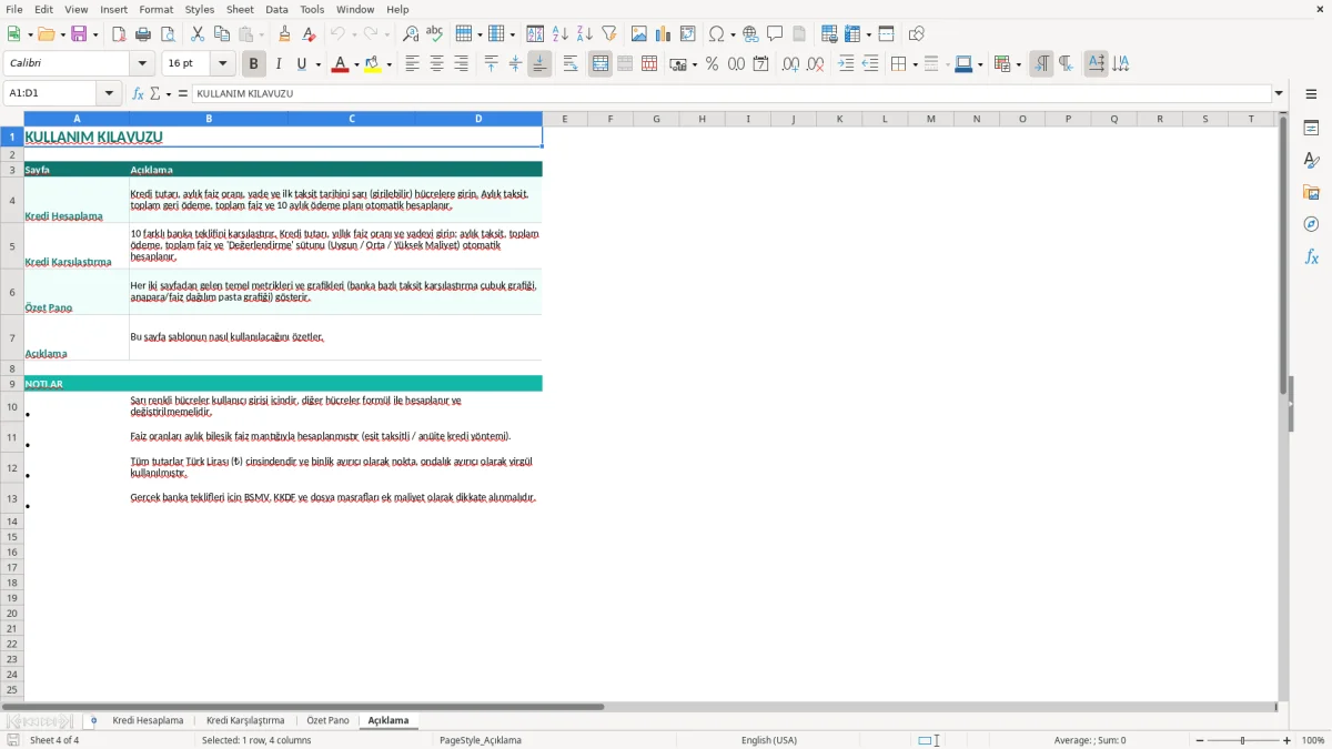Ekran görüntüsü 4: Açıklama sekmesi - Excel şablonu kredi hesaplama excel şablonu