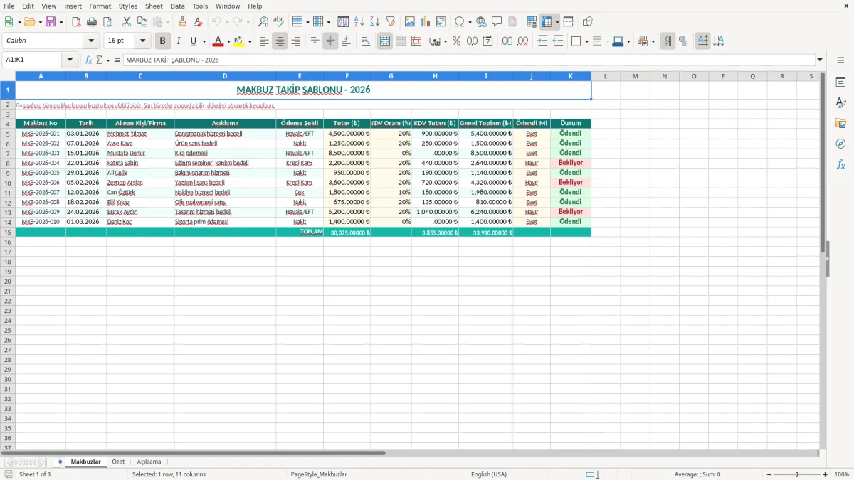 Ekran görüntüsü 1: Makbuzlar sekmesi - Excel şablonu makbuz excel şablonu