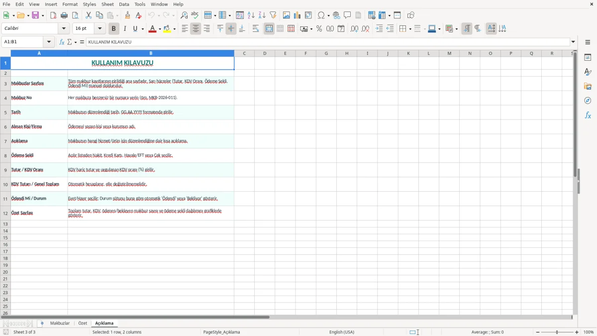 Ekran görüntüsü 3: Açıklama sekmesi - Excel şablonu makbuz excel şablonu
