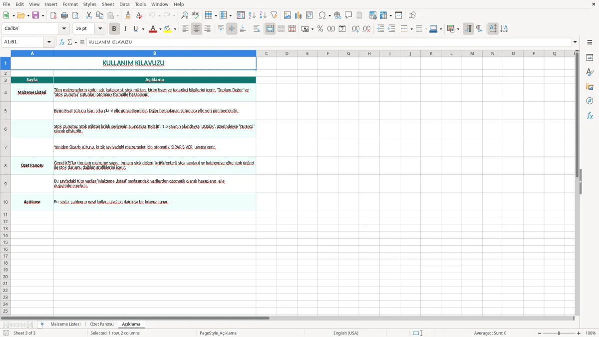 Ekran görüntüsü 3: Açıklama sekmesi - Excel şablonu malzeme listesi excel şablonu