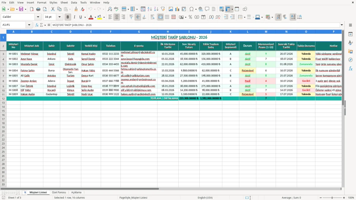 Ekran görüntüsü 1: Müşteri Listesi sekmesi - Excel şablonu müşteri takip excel şablonu