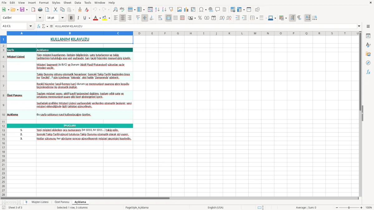 Ekran görüntüsü 3: Açıklama sekmesi - Excel şablonu müşteri takip excel şablonu