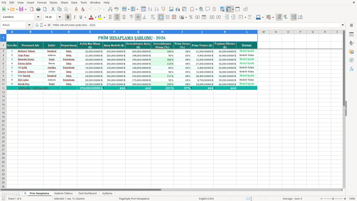 Ekran görüntüsü 1: Prim Hesaplama sekmesi - Excel şablonu prim hesaplama excel şablonu