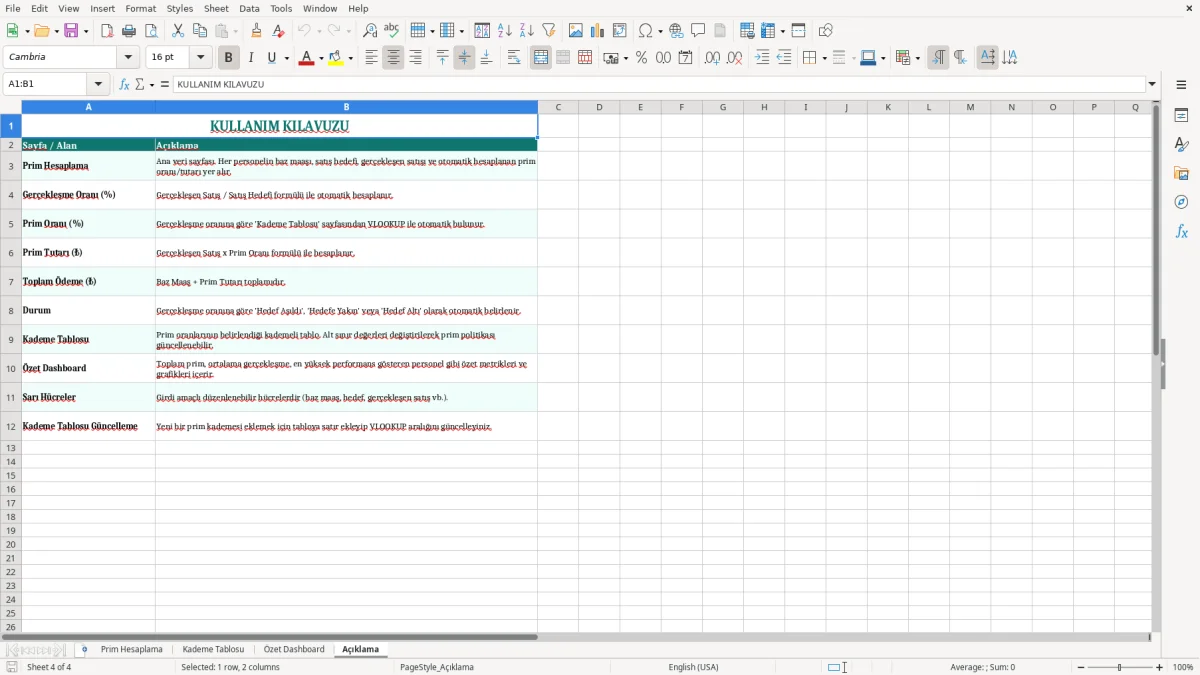 Ekran görüntüsü 4: Açıklama sekmesi - Excel şablonu prim hesaplama excel şablonu