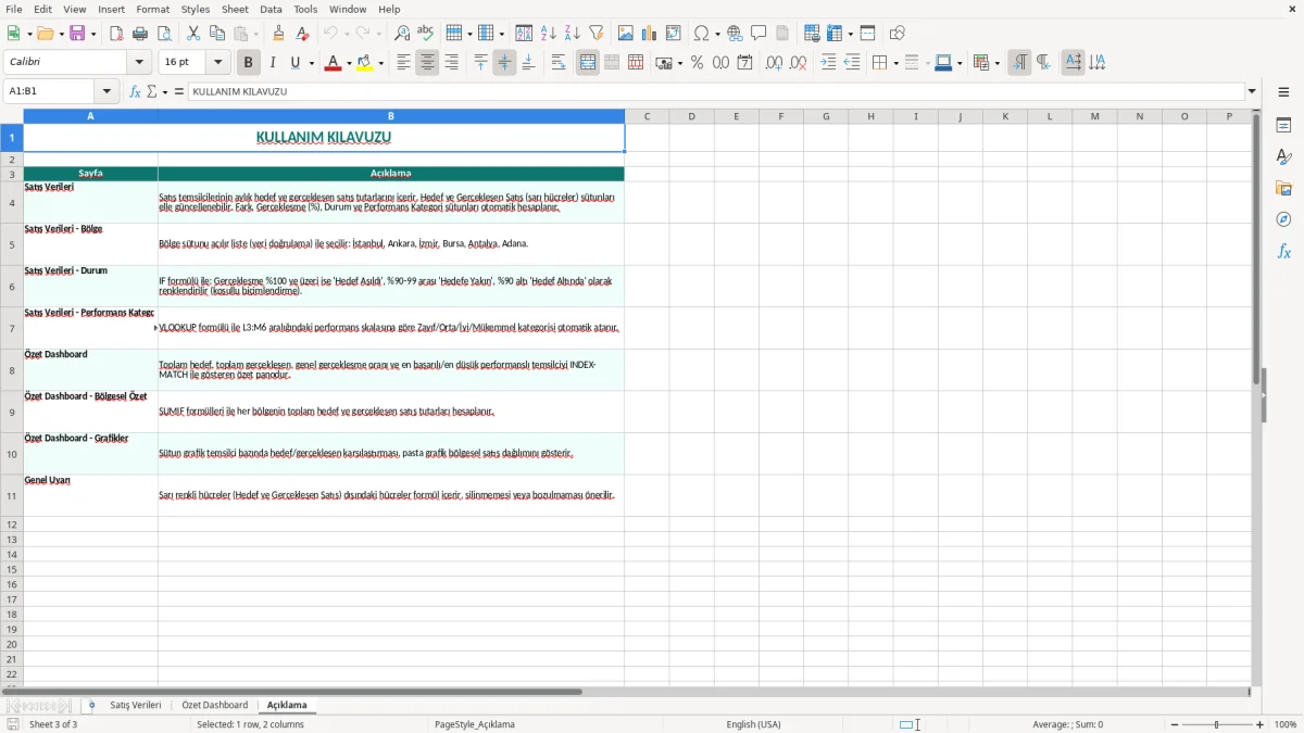 Ekran görüntüsü 3: Açıklama sekmesi - Excel şablonu satış hedef takip excel şablonu