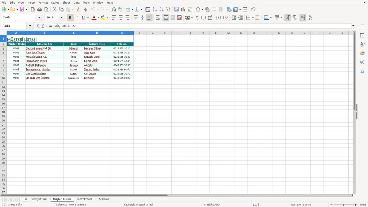 Ekran görüntüsü 2: Müşteri Listesi sekmesi - Excel şablonu sevkiyat takip excel şablonu