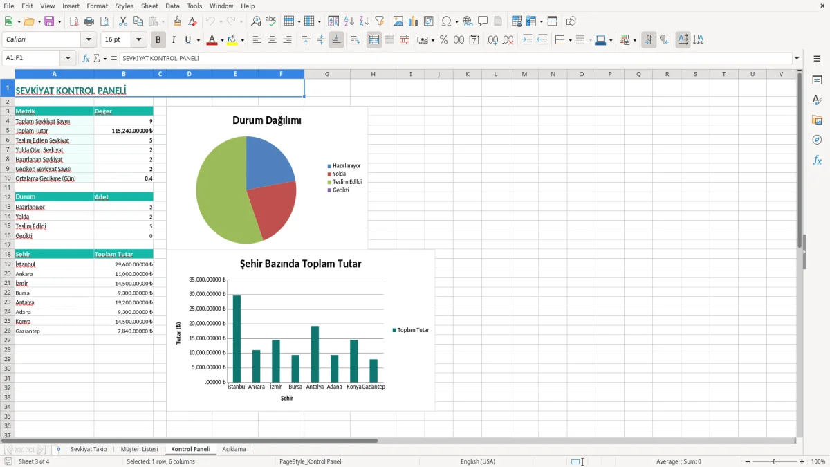 Ekran görüntüsü 3: Kontrol Paneli sekmesi - Excel şablonu sevkiyat takip excel şablonu