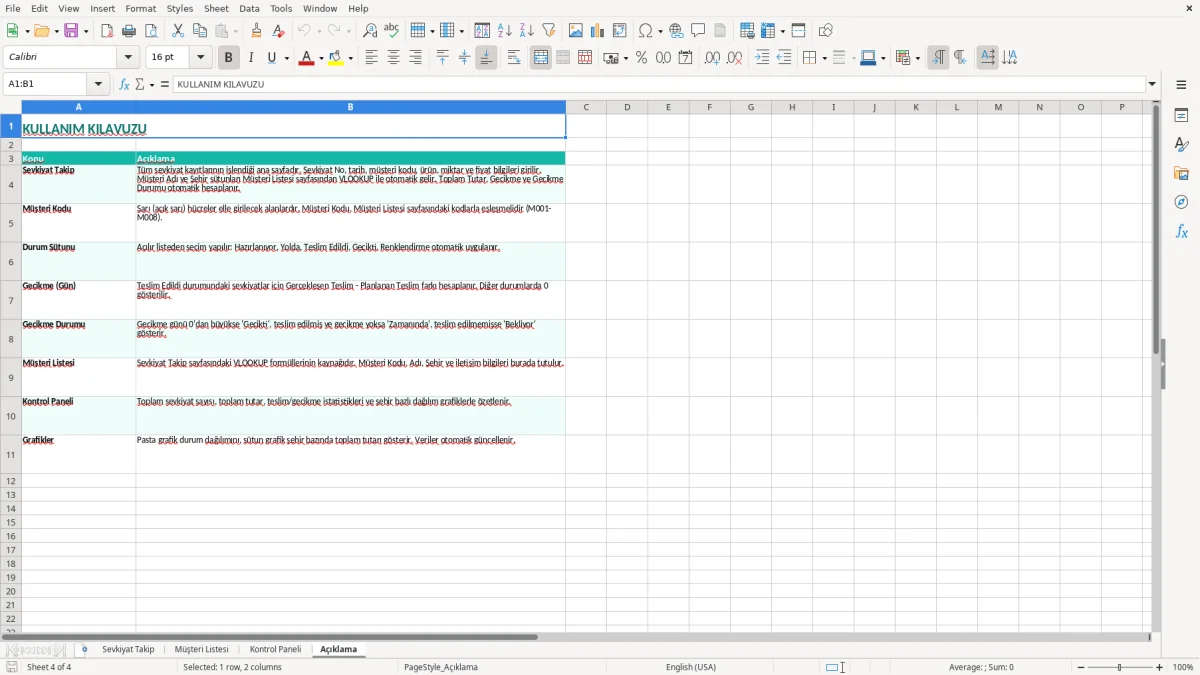 Ekran görüntüsü 4: Açıklama sekmesi - Excel şablonu sevkiyat takip excel şablonu
