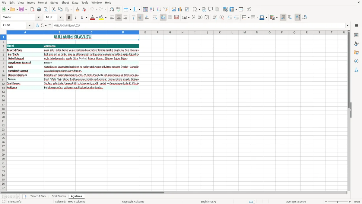Ekran görüntüsü 3: Açıklama sekmesi - Excel şablonu tasarruf planı excel şablonu