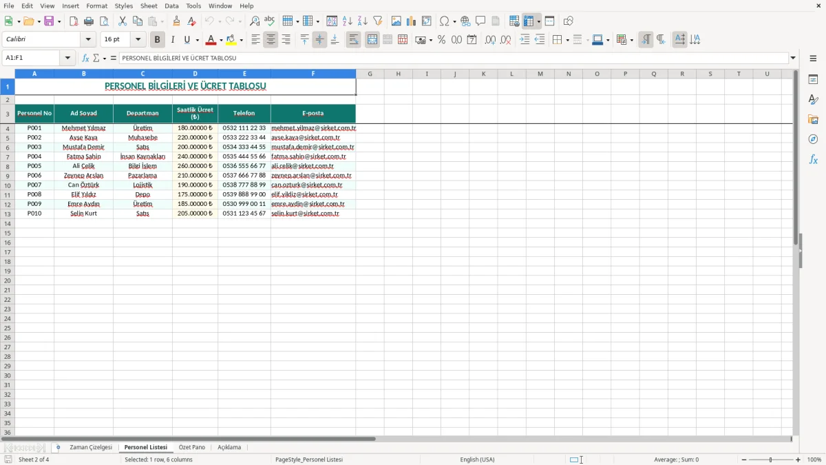 Ekran görüntüsü 2: Personel Listesi sekmesi - Excel şablonu zaman çizelgesi excel şablonu