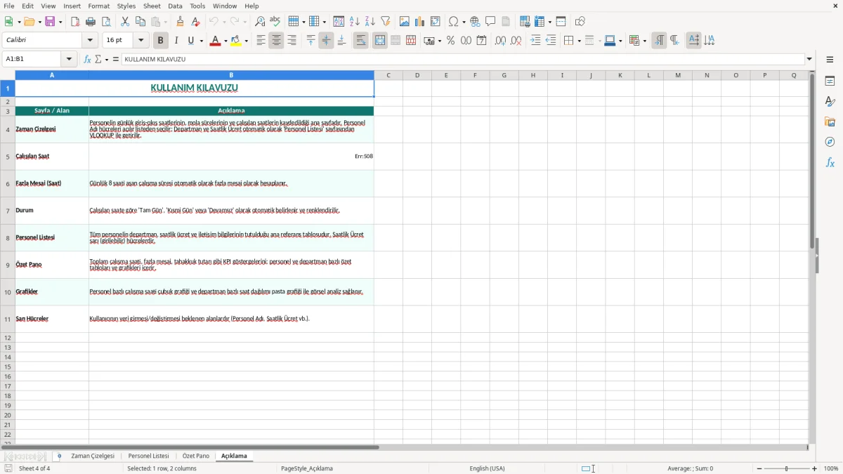 Ekran görüntüsü 4: Açıklama sekmesi - Excel şablonu zaman çizelgesi excel şablonu