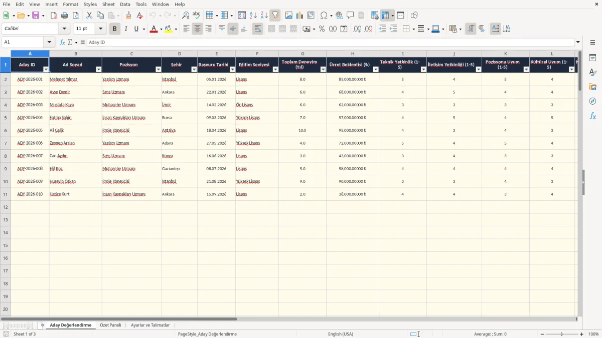 Ekran görüntüsü 1: Aday Değerlendirme sekmesi - Excel şablonu aday değerlendirme excel şablonu