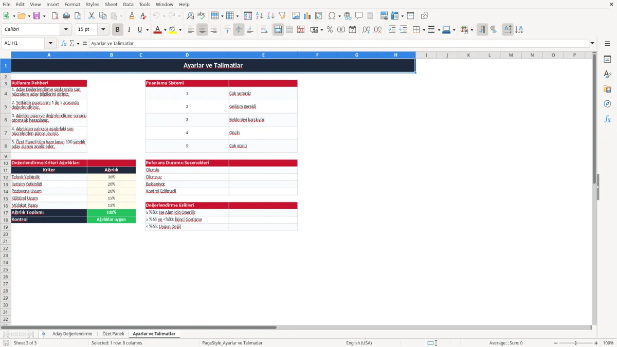 Ekran görüntüsü 3: Ayarlar ve Talimatlar sekmesi - Excel şablonu aday değerlendirme excel şablonu