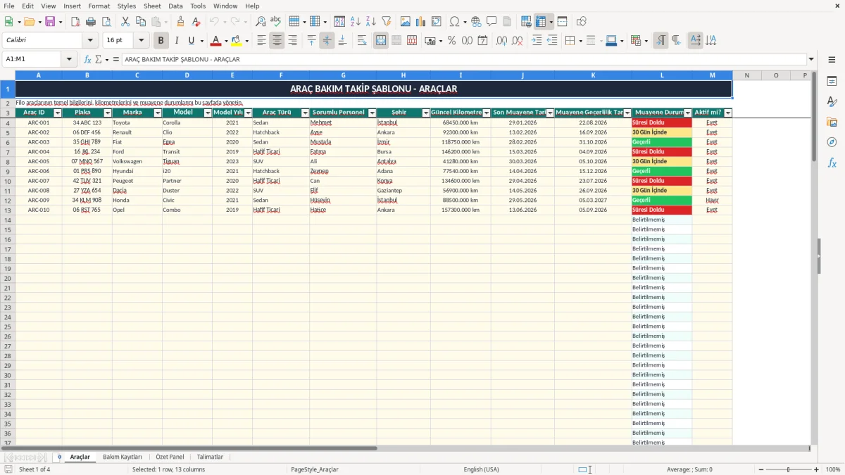 Ekran görüntüsü 1: Araçlar sekmesi - Excel şablonu araç bakım takip excel şablonu