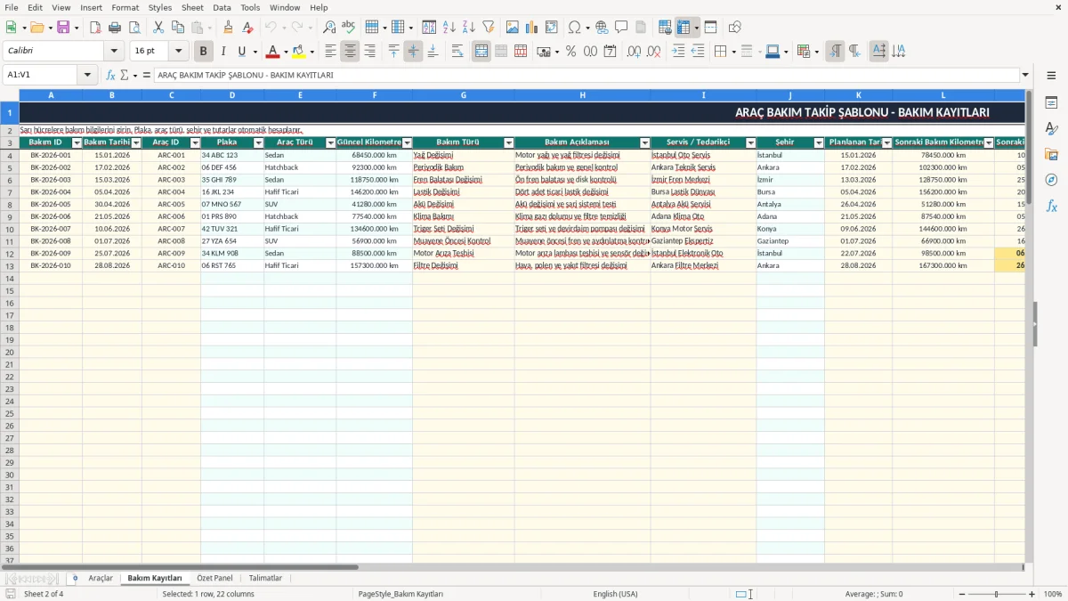 Ekran görüntüsü 2: Bakım Kayıtları sekmesi - Excel şablonu araç bakım takip excel şablonu