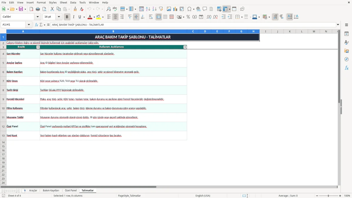 Ekran görüntüsü 4: Talimatlar sekmesi - Excel şablonu araç bakım takip excel şablonu