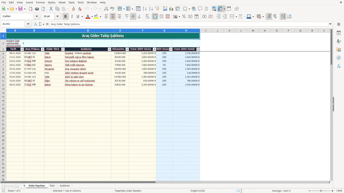 Ekran görüntüsü 1: Gider Kayıtları sekmesi - Excel şablonu araç gider takip excel şablonu