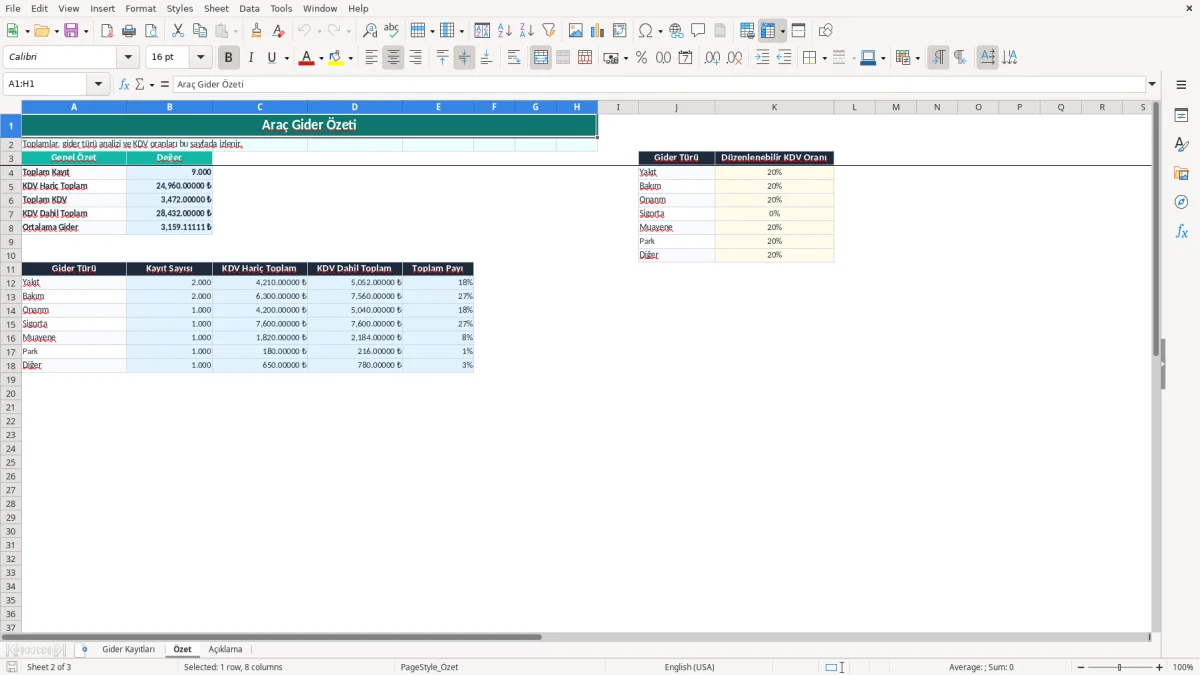 Ekran görüntüsü 2: Özet sekmesi - Excel şablonu araç gider takip excel şablonu