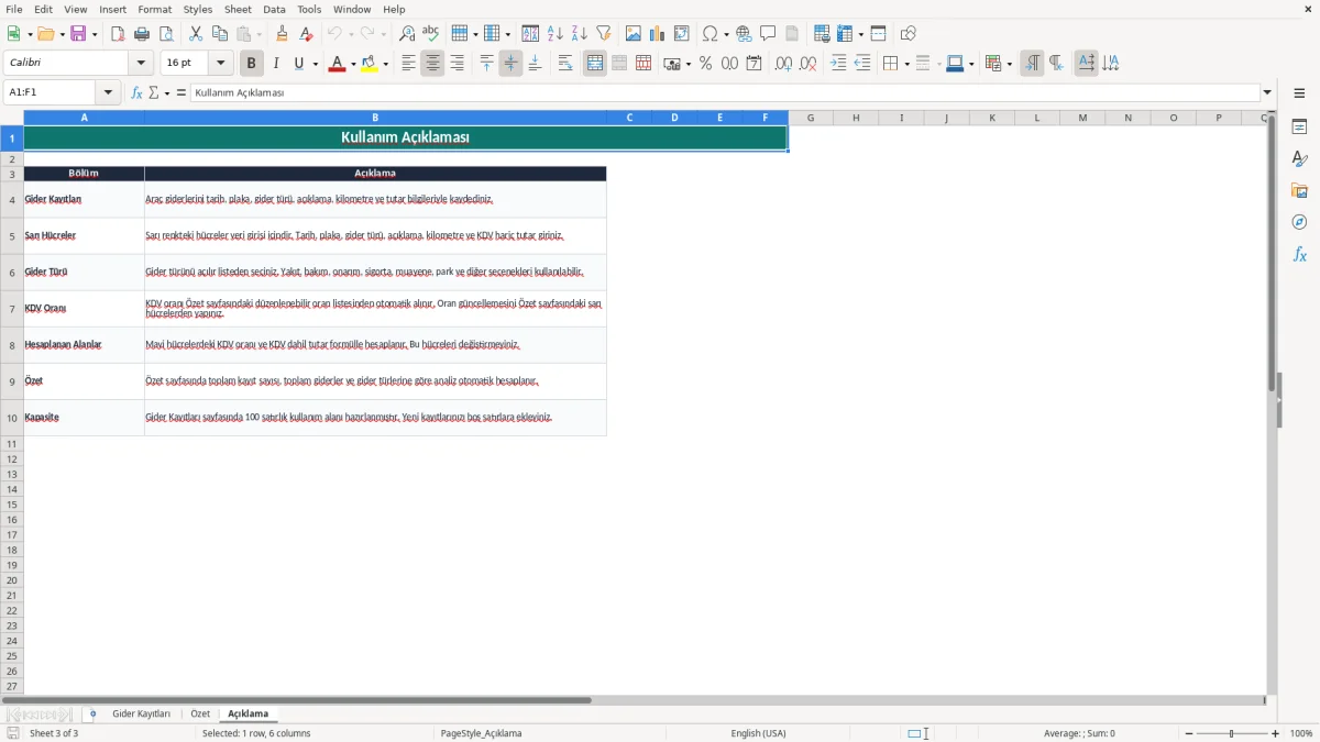 Ekran görüntüsü 3: Açıklama sekmesi - Excel şablonu araç gider takip excel şablonu