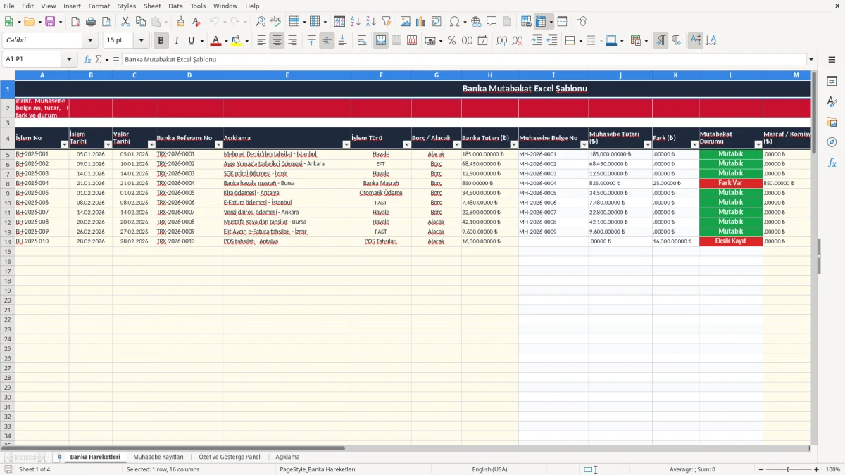 Ekran görüntüsü 1: Banka Hareketleri sekmesi - Excel şablonu banka mutabakat excel şablonu