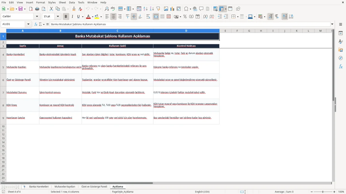 Ekran görüntüsü 4: Açıklama sekmesi - Excel şablonu banka mutabakat excel şablonu