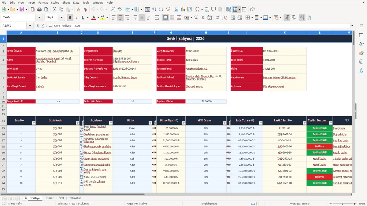 Ekran görüntüsü 1: İrsaliye sekmesi - Excel şablonu irsaliye excel şablonu