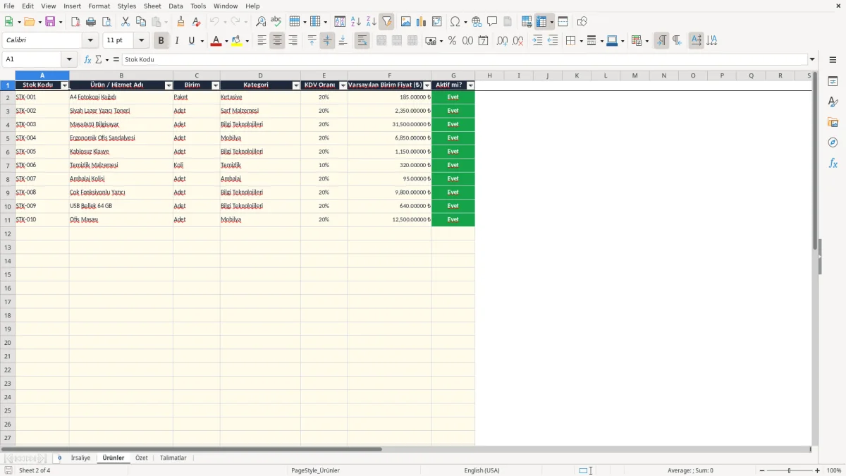 Ekran görüntüsü 2: Ürünler sekmesi - Excel şablonu irsaliye excel şablonu