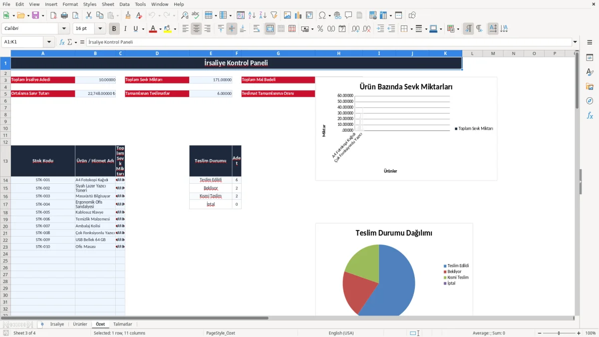 Ekran görüntüsü 3: Özet sekmesi - Excel şablonu irsaliye excel şablonu