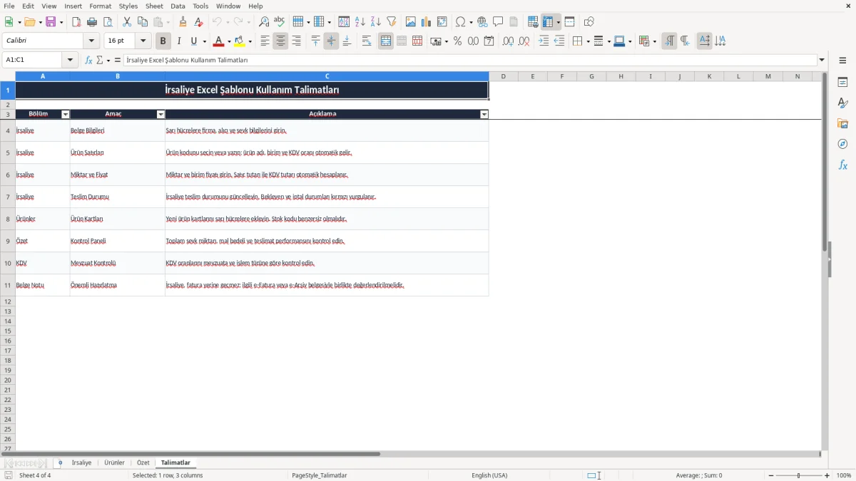 Ekran görüntüsü 4: Talimatlar sekmesi - Excel şablonu irsaliye excel şablonu
