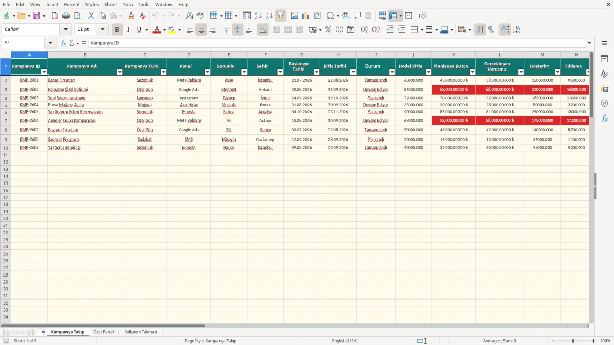Ekran görüntüsü 1: Kampanya Takip sekmesi - Excel şablonu kampanya takip excel şablonu