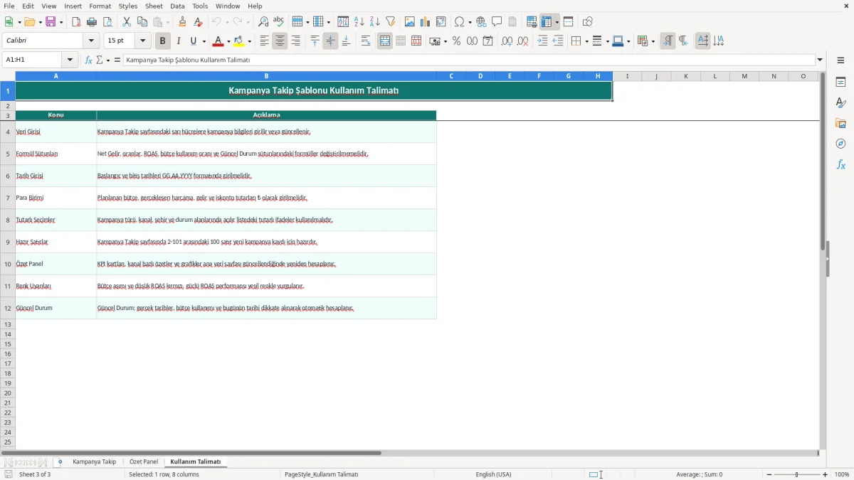 Ekran görüntüsü 3: Kullanım Talimatı sekmesi - Excel şablonu kampanya takip excel şablonu