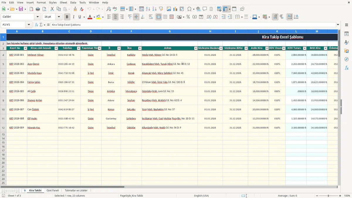 Ekran görüntüsü 1: Kira Takibi sekmesi - Excel şablonu kira takip excel şablonu