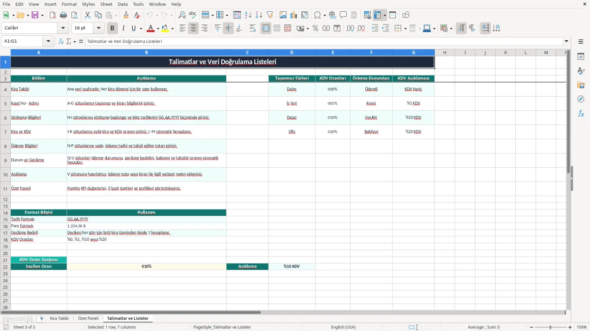 Ekran görüntüsü 3: Talimatlar ve Listeler sekmesi - Excel şablonu kira takip excel şablonu