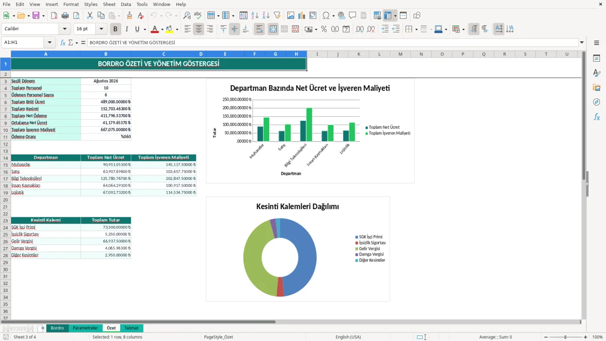 Ekran görüntüsü 3: Özet sekmesi - Excel şablonu maaş bordrosu excel şablonu