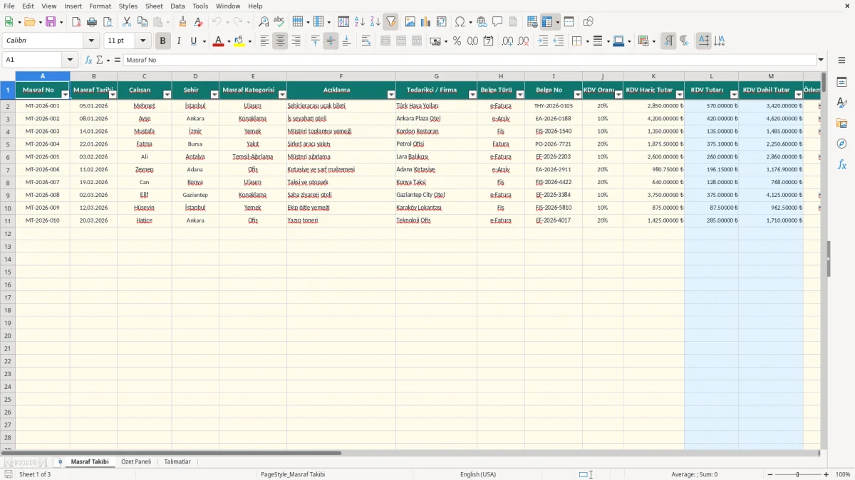 Ekran görüntüsü 1: Masraf Takibi sekmesi - Excel şablonu masraf takip excel şablonu