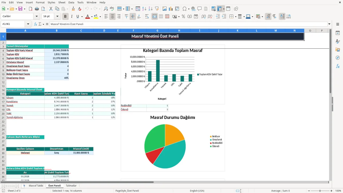 Ekran görüntüsü 2: Özet Paneli sekmesi - Excel şablonu masraf takip excel şablonu