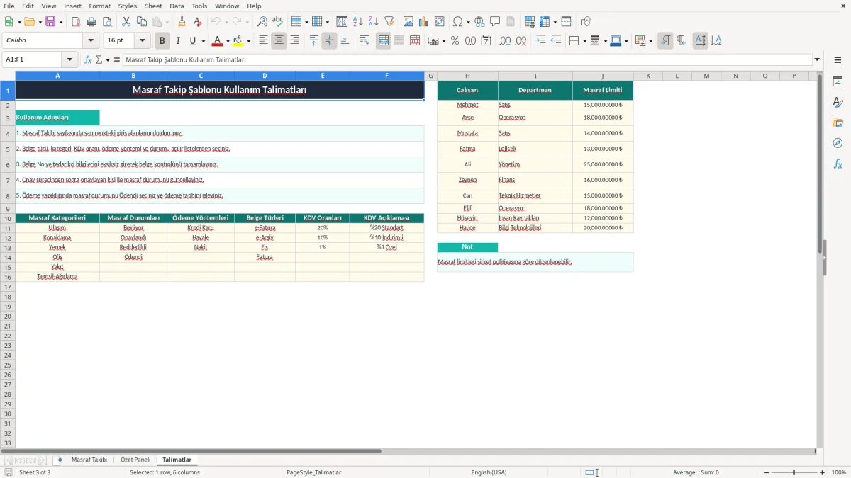 Ekran görüntüsü 3: Talimatlar sekmesi - Excel şablonu masraf takip excel şablonu