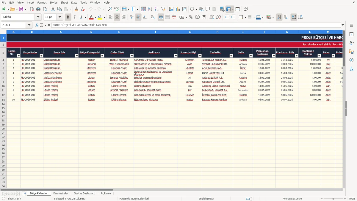 Ekran görüntüsü 1: Bütçe Kalemleri sekmesi - Excel şablonu proje bütçesi excel şablonu